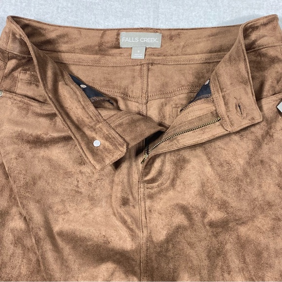 Falls Creek Faux Suede Midi Skirt Women's 8 Brown Front Slit Pockets Elegant NWT - Picture 6 of 14